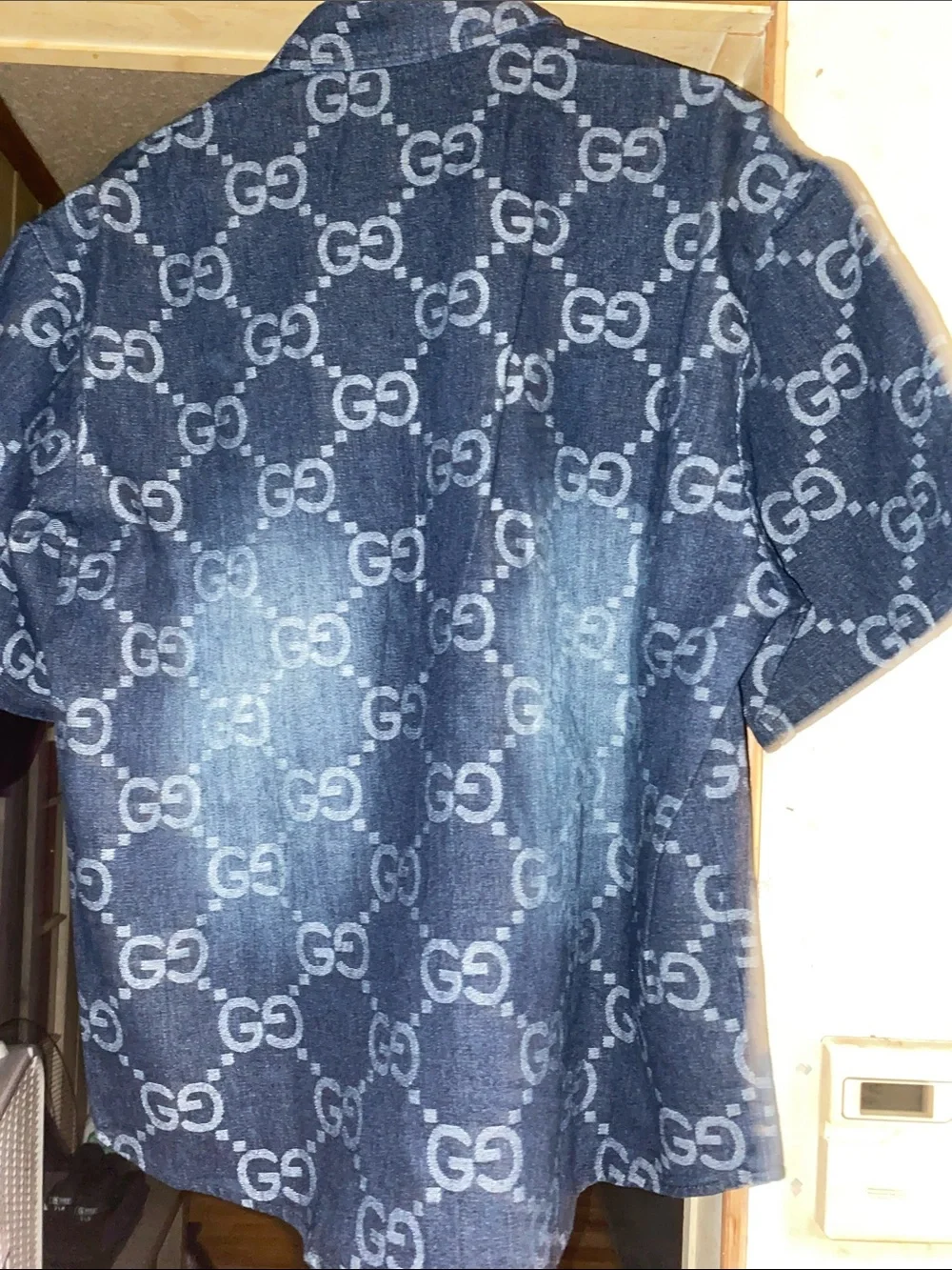 Gucci Blue Denim Short-Sleeve Monogram Button Shirt
